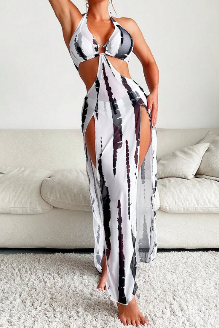 White Tie Dye Triangle Mesh Halter Maxi Cover-Up Dress 3Pc Swimsuit Set