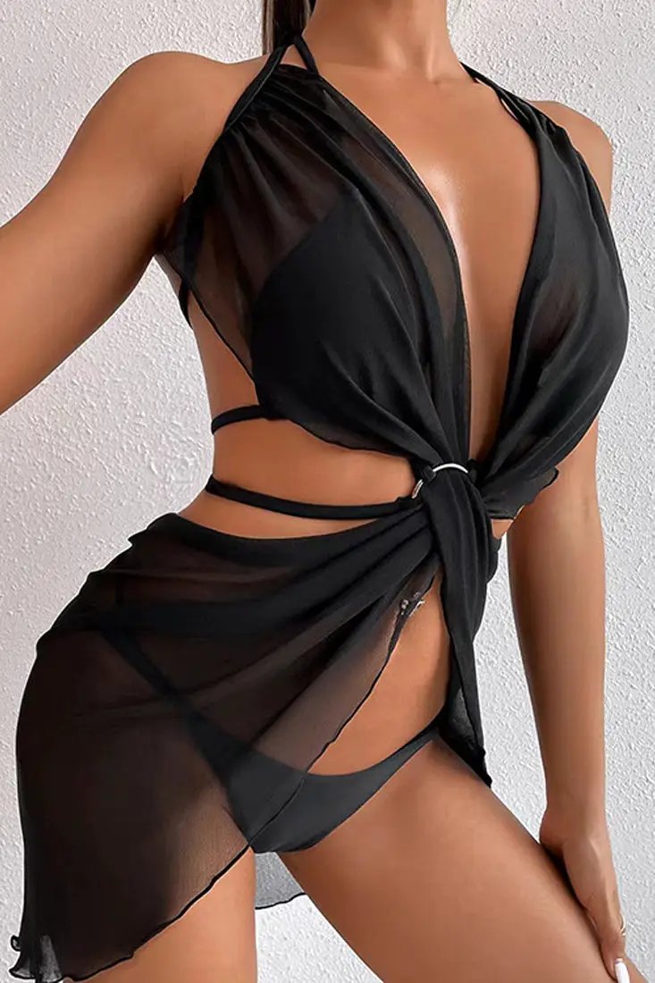 Black O-ring Strappy Cheeky Bikini Mesh Cover-Up Dress 3Pc Swimsuit Set