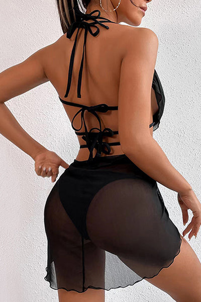Black O-ring Strappy Cheeky Bikini Mesh Cover-Up Dress 3Pc Swimsuit Set