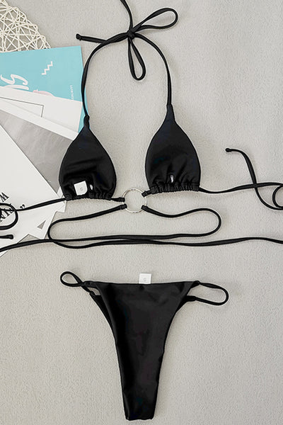 Black O-ring Strappy Cheeky Bikini Mesh Cover-Up Dress 3Pc Swimsuit Set