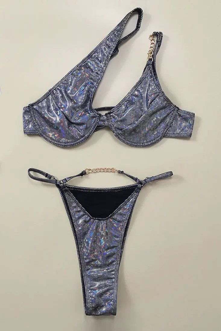 Silver Holographic Underwire Chain One Shoulder Ultra Cheeky 2Pc Swimsuit