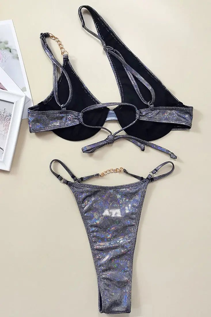 Silver Holographic Underwire Chain One Shoulder Ultra Cheeky 2Pc Swimsuit