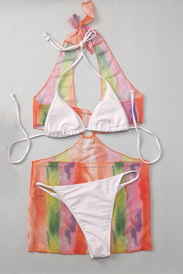 Orange Tie-Dye Cover-Up Dress White Bikini 3Pc Swimsuit Set