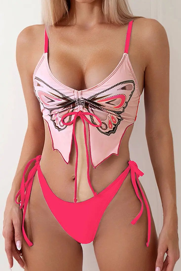 Pink Butterfly Wings Top Cheeky Bottom 2Pc Swimsuit Set