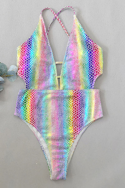 Rainbow Metallic Snake Strappy Sexy Monokini 1Pc Swimsuit