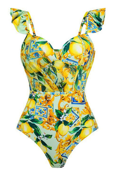 Yellow Italian Lemon Print Ruffle Strap Mesh Monokini 1Pc Swimsuit