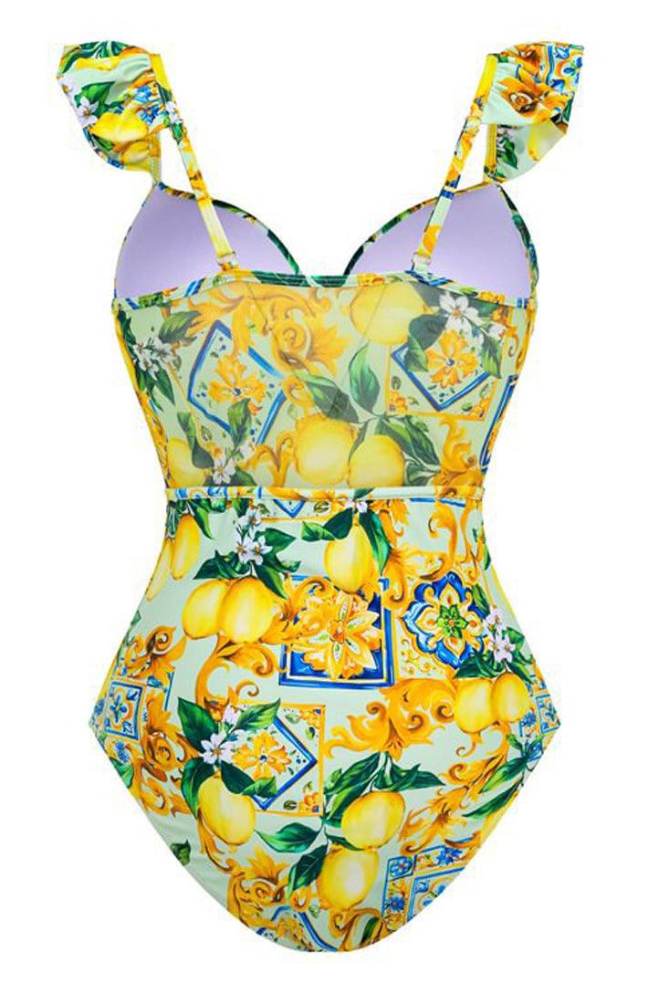 Yellow Italian Lemon Print Ruffle Strap Mesh Monokini 1Pc Swimsuit - AMIClubwear