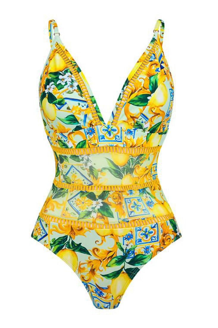 Yellow Italian Lemon Print Spaghetti Strap Mesh Monokini 1Pc Swimsuit - AMIClubwear