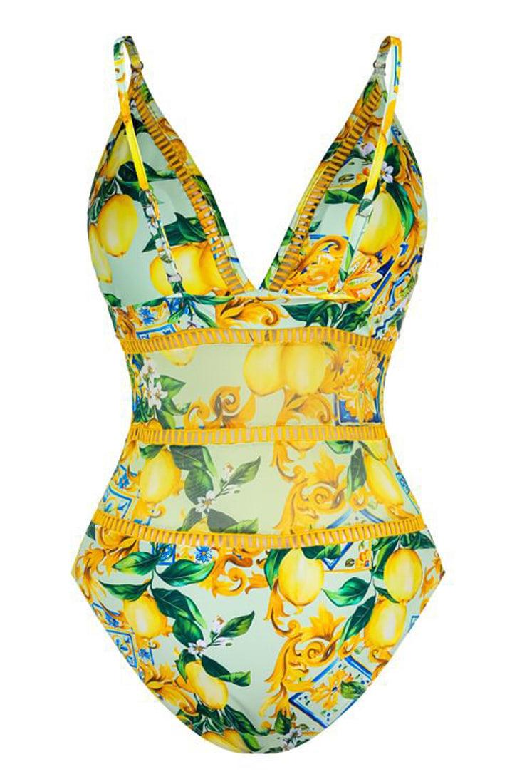 Yellow Italian Lemon Print Spaghetti Strap Mesh Monokini 1Pc Swimsuit - AMIClubwear