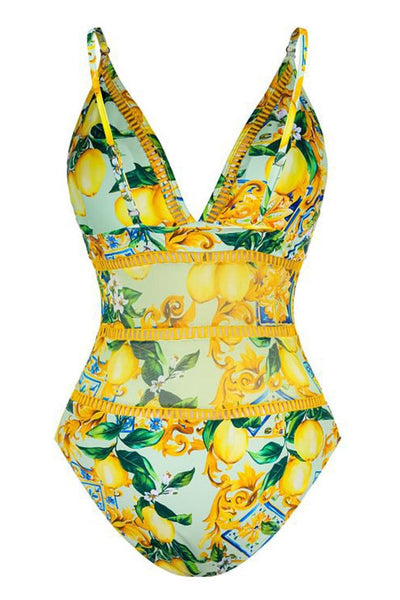 Yellow Italian Lemon Print Spaghetti Strap Mesh Monokini 1Pc Swimsuit - AMIClubwear