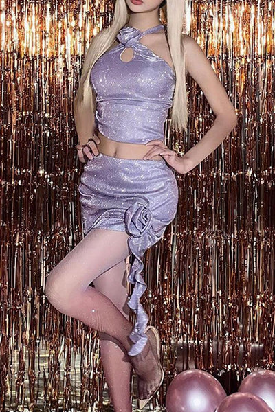Lavender Shimmer Sparkly Rose Ruffle 2Pc Dress Sexy Party Outfit