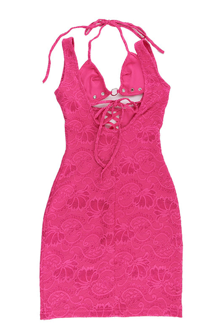 Pink Lace Grommet Triangle String Sexy Fitted 2Pc Dress