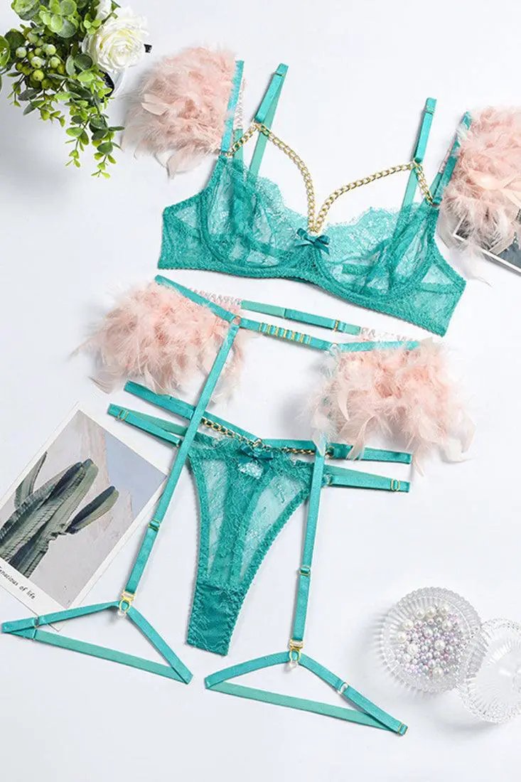 Green Pink Feather Sheer Lace Chain Garter Lingerie 5 Pc Set