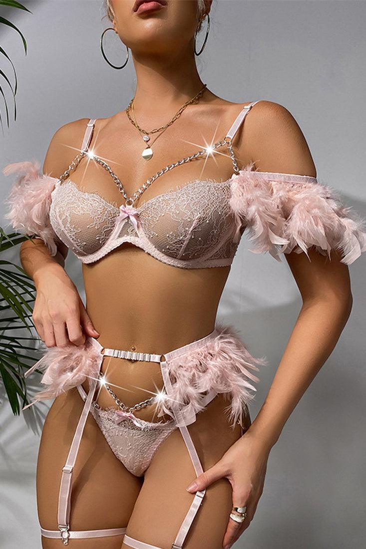 Light Pink Feather Sheer Lace Chain Garter Lingerie 5 Pc Set - AMIClubwear