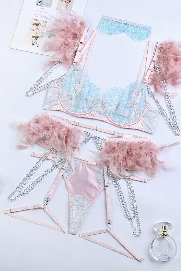 Light Pink Mint Lace Metal Feather 6Pc Choker Thong Bra Garter Belt Lingerie Set