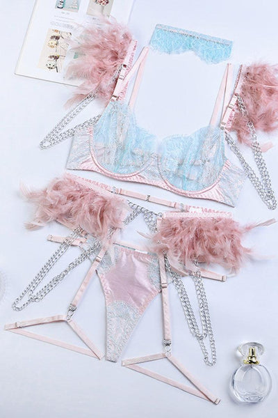 Light Pink Mint Lace Metal Feather 6Pc Choker Thong Bra Garter Belt Lingerie Set - AMIClubwear