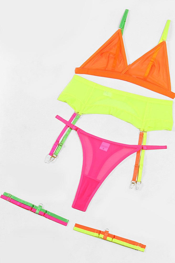 Rainbow Multi Neon Mesh Strappy Bra Thong Garter Belt Sexy Lingerie Se AMIClubwear Rainbow Multi Neon Mesh Strappy Bra Thong Garter Belt Sexy Lingerie Se AMIClubwear