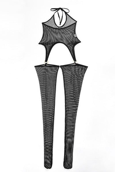 Black Netted Mesh Bra Thong Halter Footed Jumpsuit 3Pc Lingerie Set