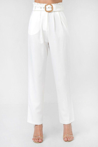 A Solid Pant Featuring Paperbag Waist With Rattan Buckle Belt - AMIClubwear