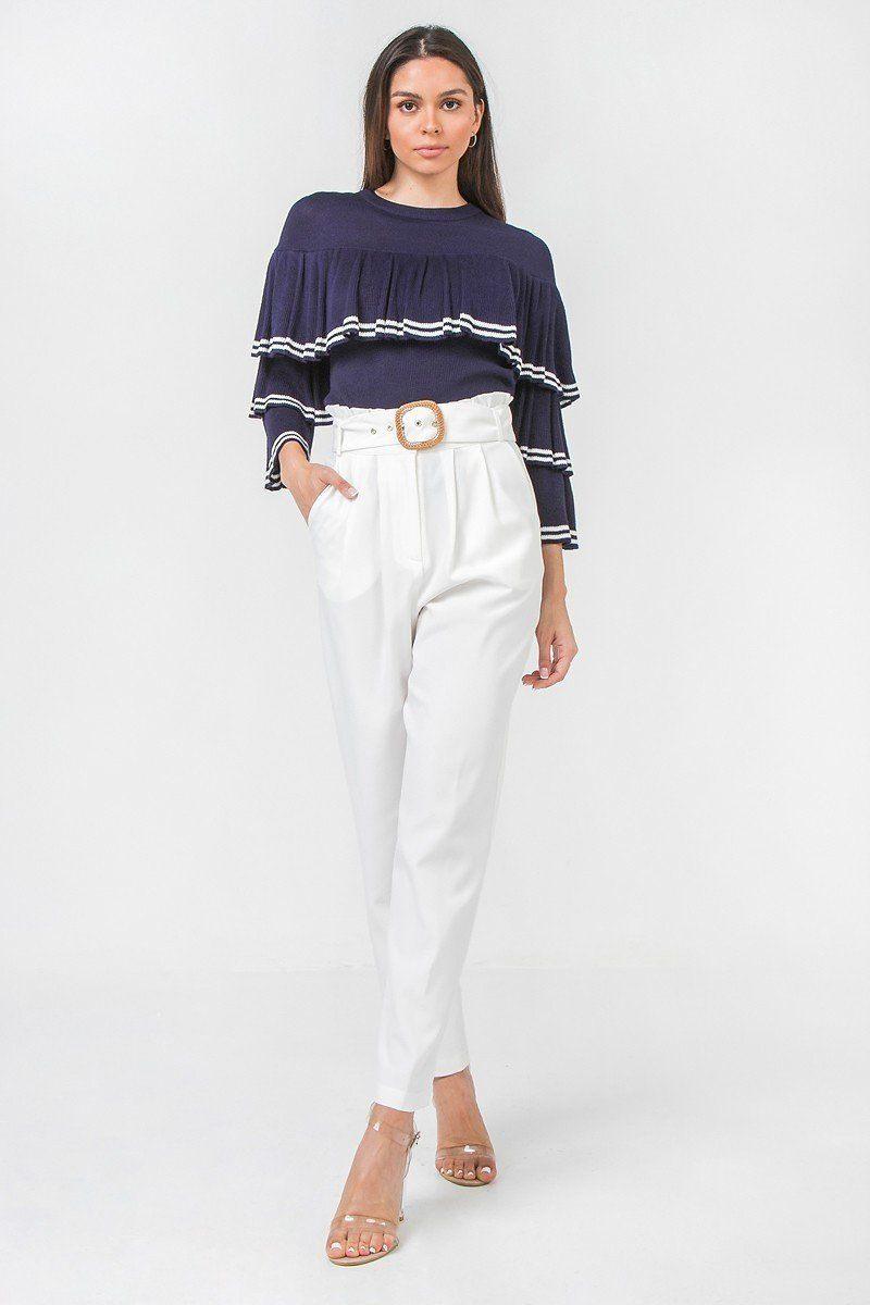 A Solid Pant Featuring Paperbag Waist With Rattan Buckle Belt - AMIClubwear