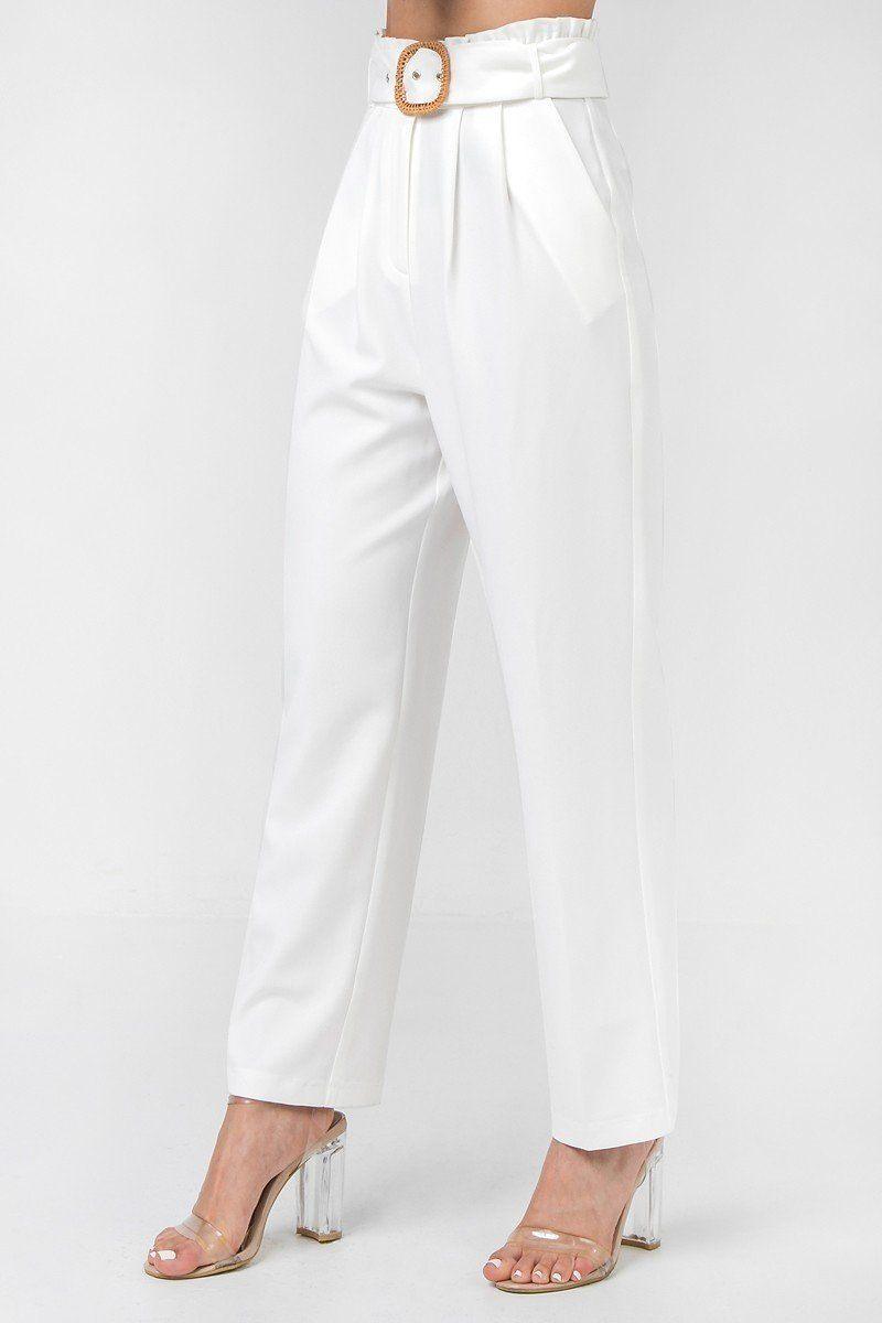 A Solid Pant Featuring Paperbag Waist With Rattan Buckle Belt - AMIClubwear