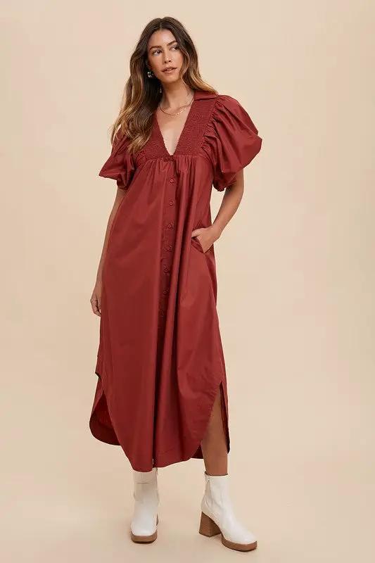 Annie Wear Smocked Puff Sleeve Midi Dress