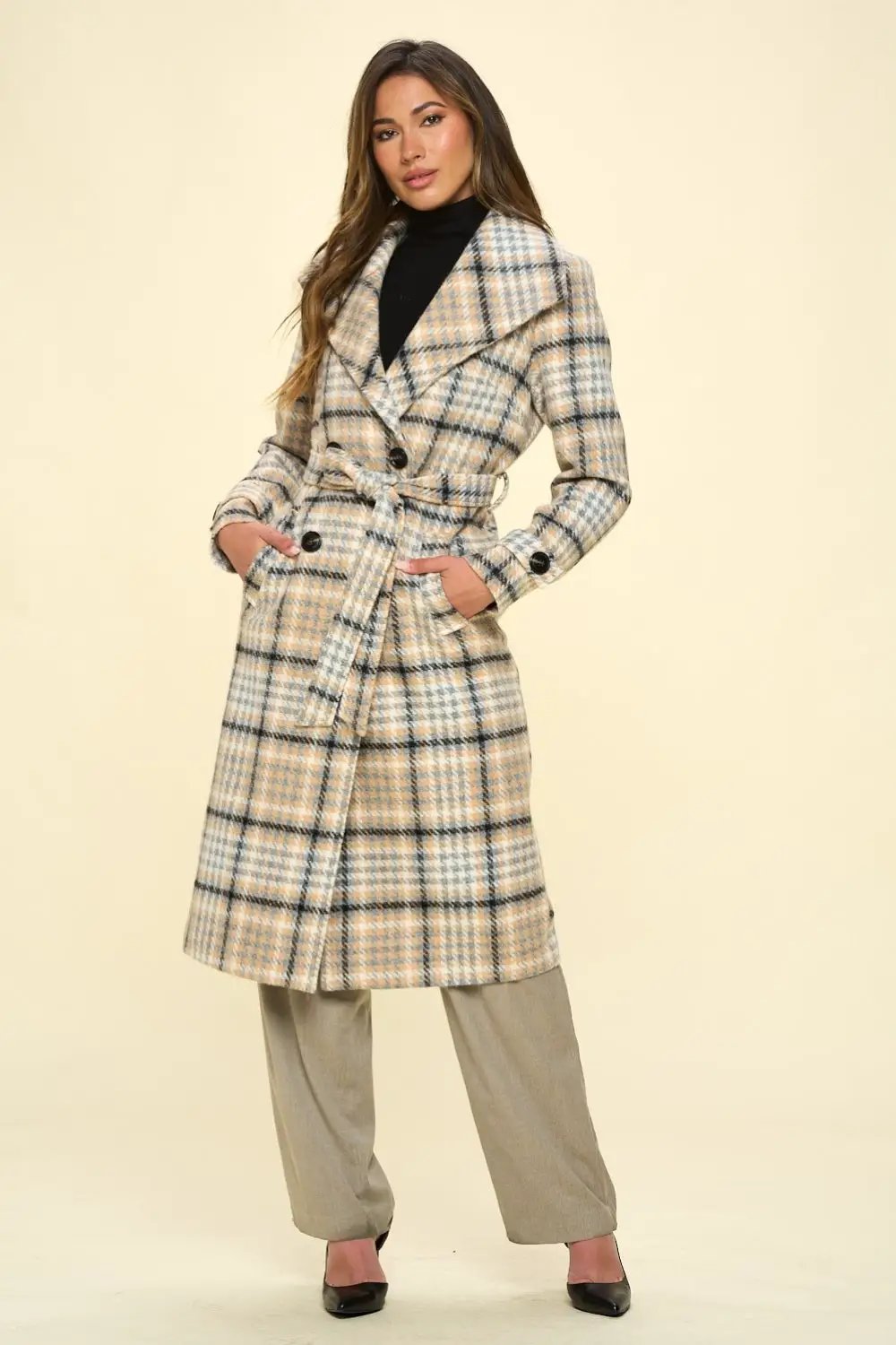 Coalition LA Double-Breasted Plaid Coat with Belt