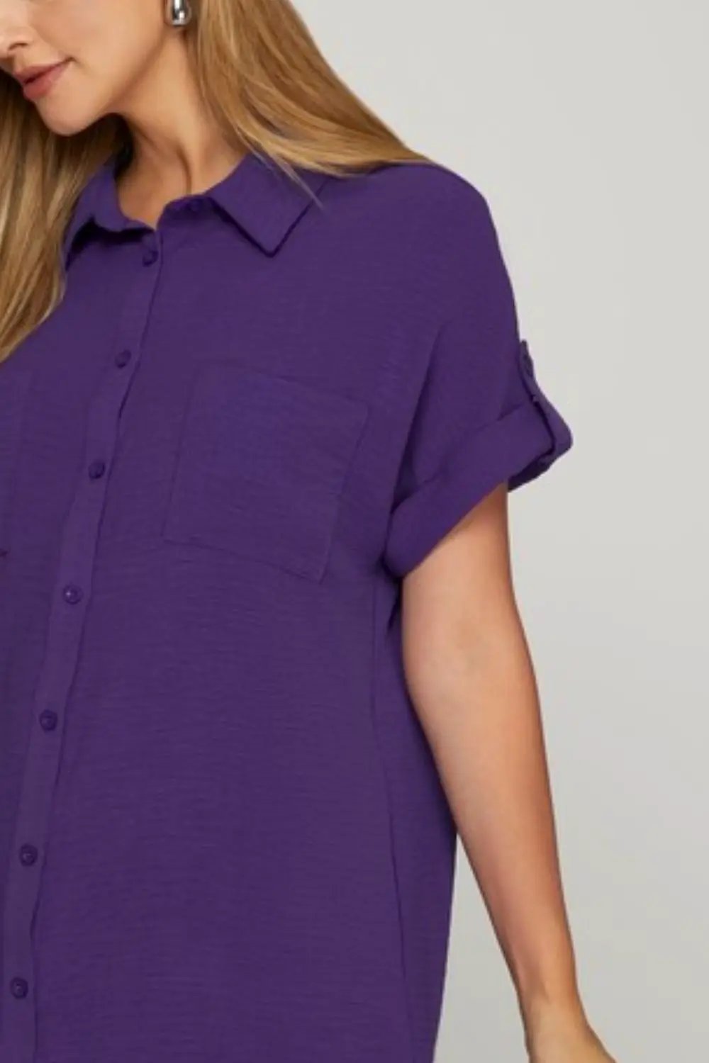 She + Sky Full Size Button Down Short Sleeve Woven Shirt Dress Plus Size