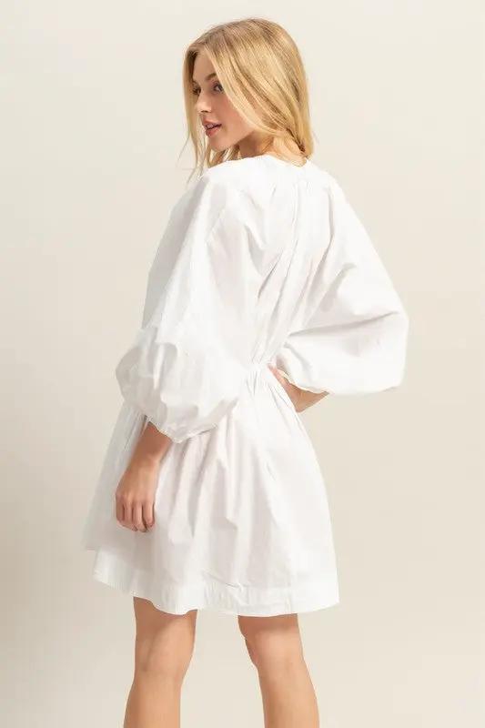 HYFVE Plunge Balloon Sleeve Poplin Mini Dress with Pockets