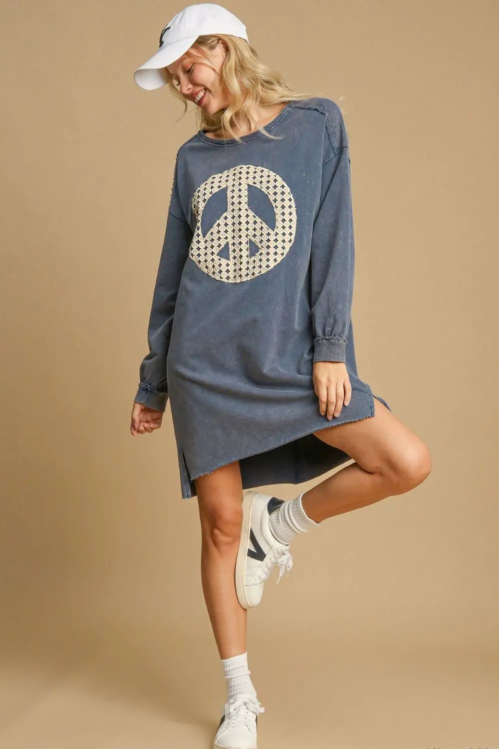 Umgee Peace Lace Applique Frayed Hem French Terry Mini Dress