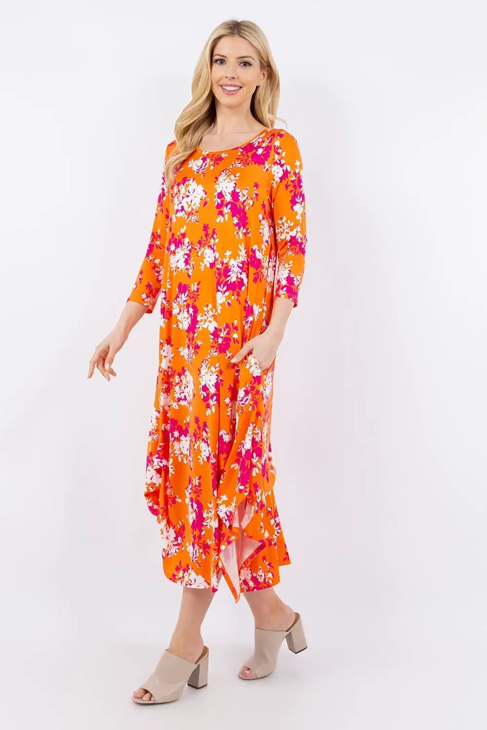 Celeste Full Size Pick-Up Hem Asymmetric Floral Midi Dress