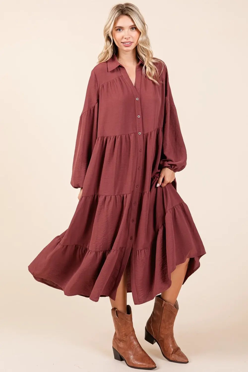 Mittoshop Tiered Button Down Long Sleeve Midi Dress