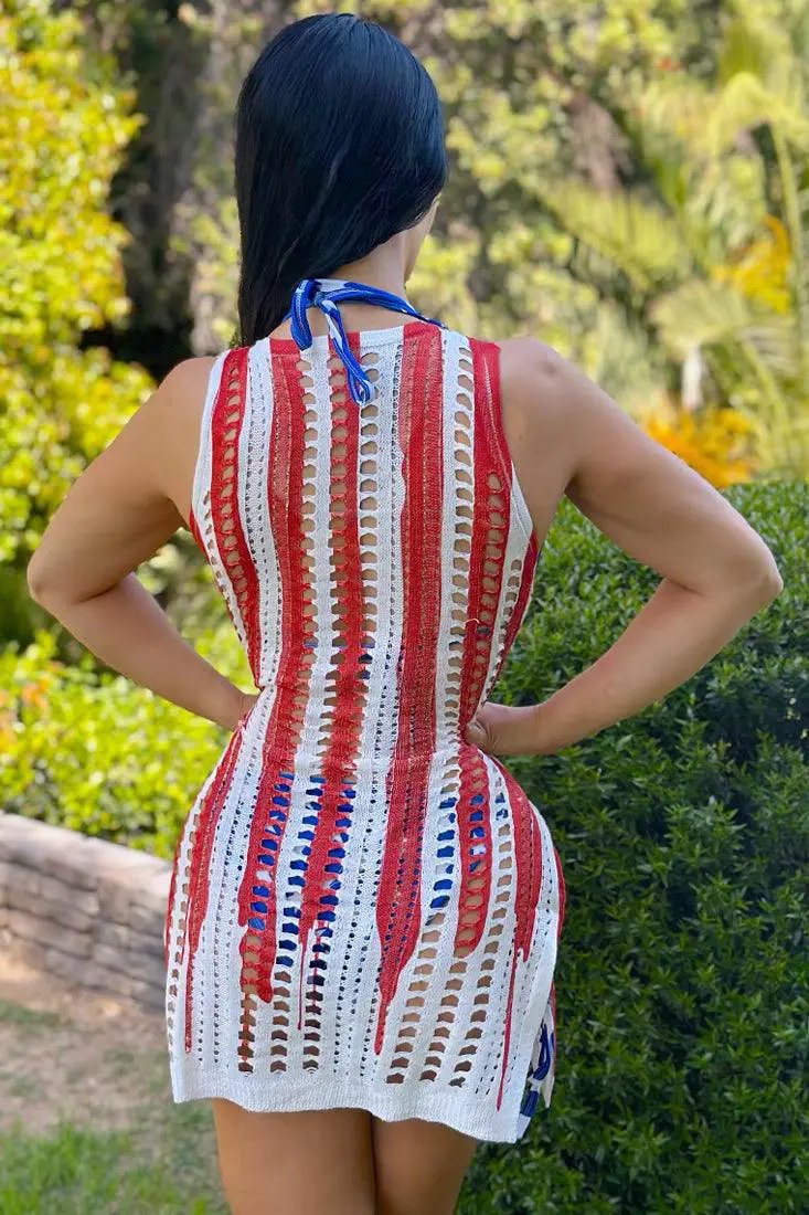 American Flag Crochet Sleeveless Side Slit Cover-Up Beach Dress