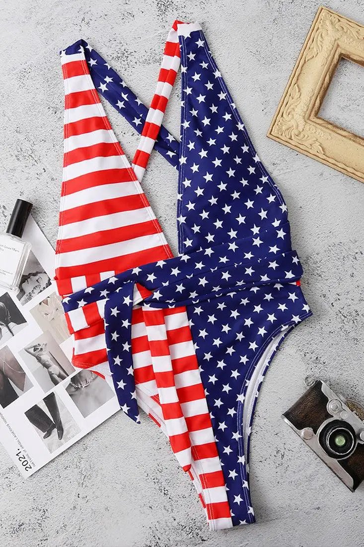 American Flag Plunging V Wrap Sexy Patriotic Cheeky 1Pc Swimsuit Monokini