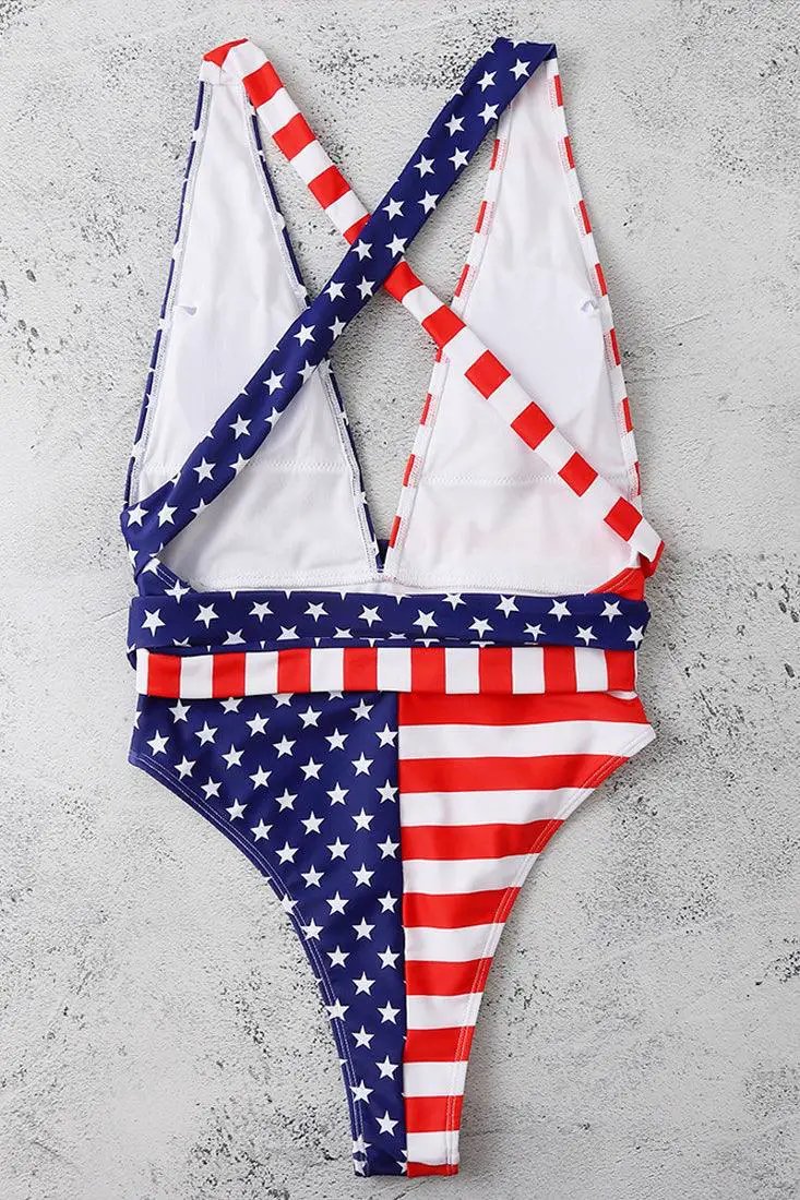 American Flag Plunging V Wrap Sexy Patriotic Cheeky 1Pc Swimsuit Monokini