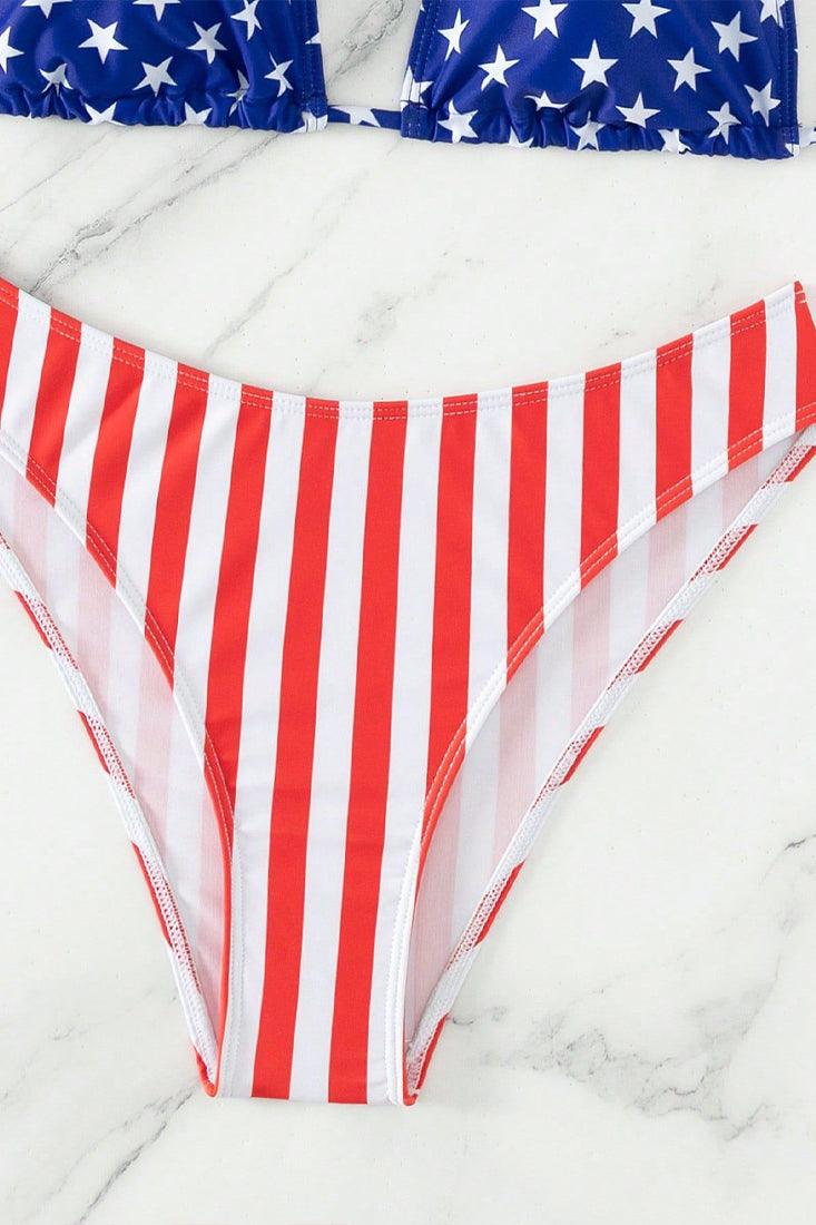 American Flag Red White Blue Halter High Waist Cheeky 2Pc Swimsuit - AMIClubwear