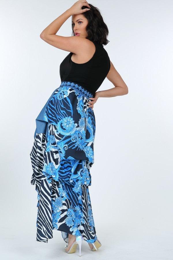 Animal Chain Print Denim Tacked Maxi Skirt In Black Gold - AMIClubwear