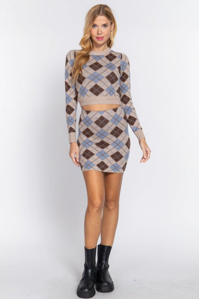 Argyle Jacquard Sweater Mini Skirt - AMIClubwear