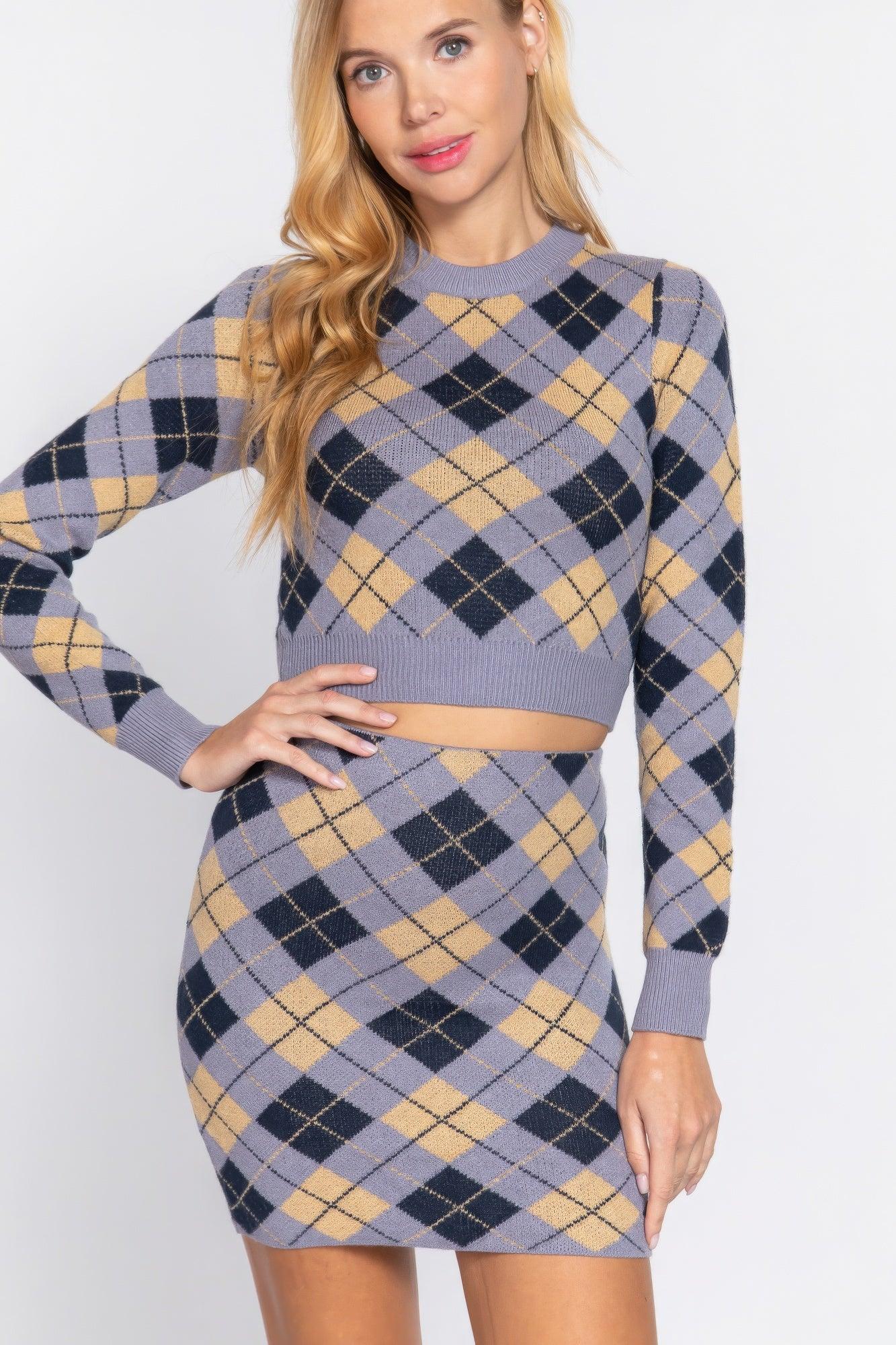 Argyle Jacquard Sweater Mini Skirt - AMIClubwear