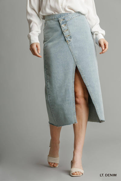 Asymmetrical Waist And Button Up Front Split Denim Skirt With Back Pockets And Unfinished Hem - AMIClubwear