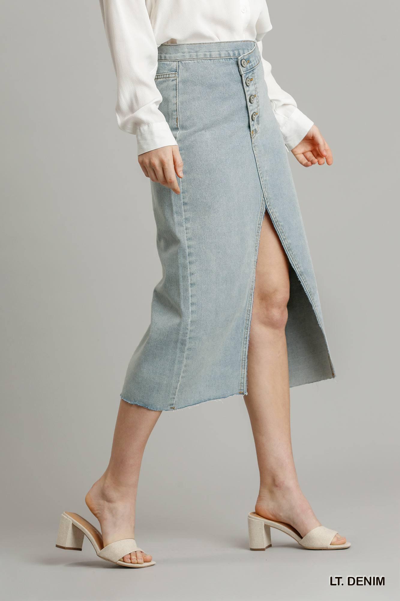 Asymmetrical Waist And Button Up Front Split Denim Skirt With Back Pockets And Unfinished Hem - AMIClubwear