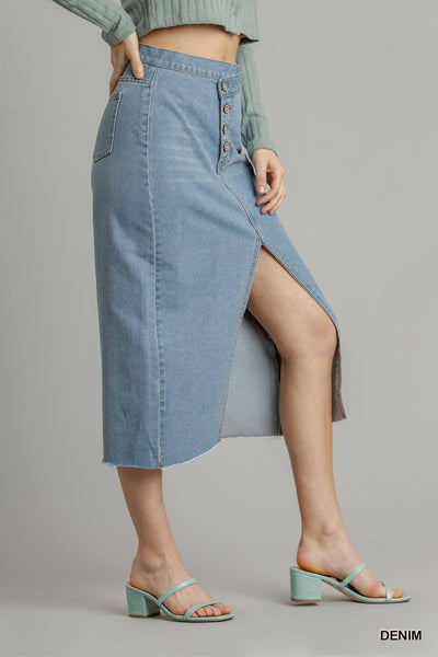Asymmetrical Waist And Button Up Front Split Denim Skirt With Back Pockets And Unfinished Hem - AMIClubwear
