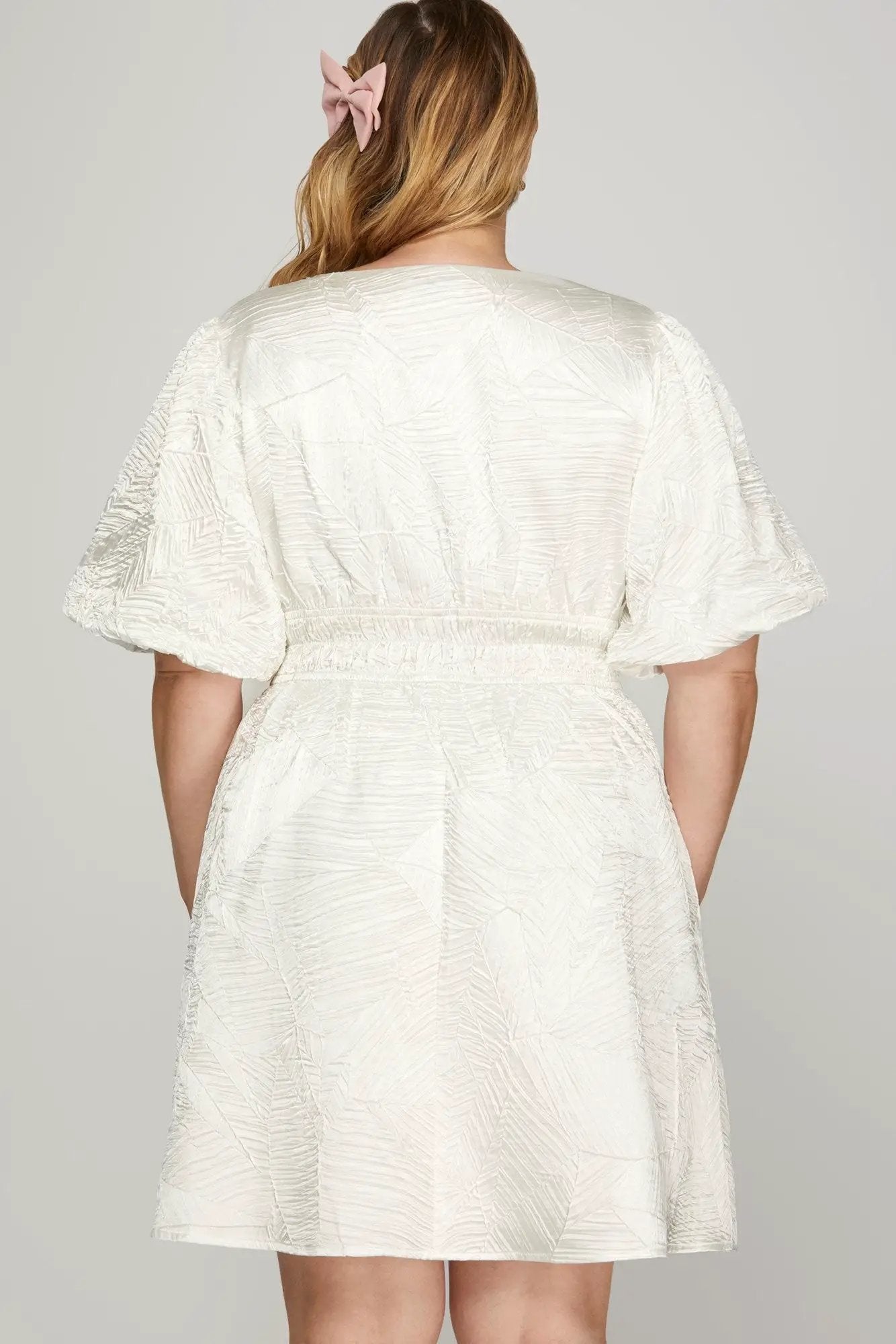 She + Sky Crinkle Woven V-Neck Balloon Sleeve Mini Dress