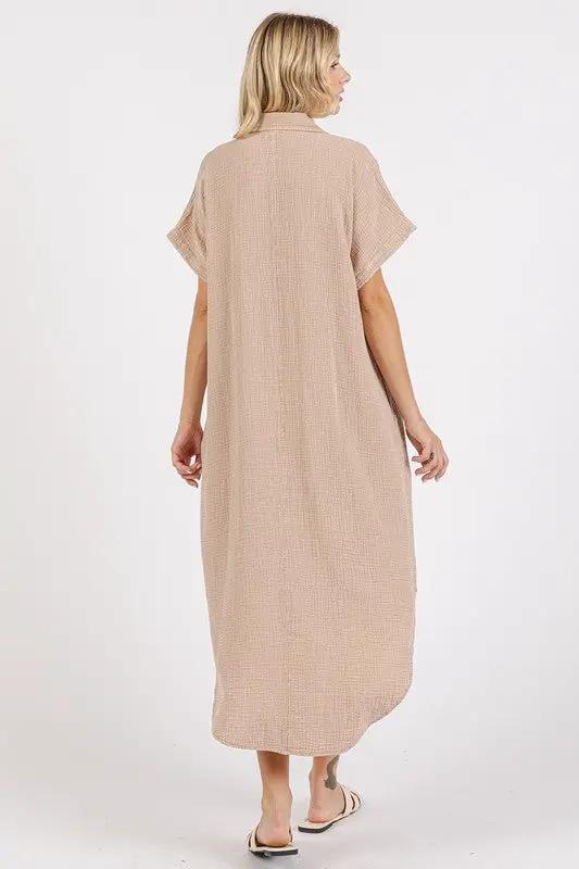 Mittoshop Mineral Wash V Neck Button Up Midi Shirt Dress