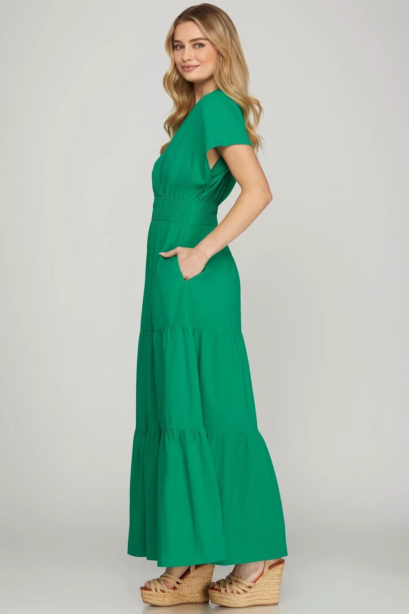 She + Sky Surplice Short Sleeve Tiered Maxi Dress With Pockets