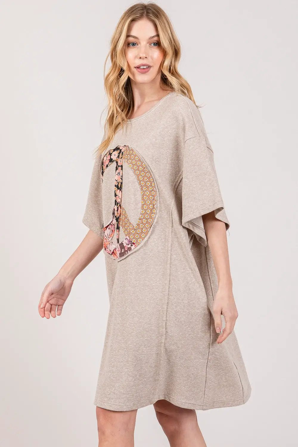 SAGE + FIG Full Size Peace Sign Applique Short Sleeve Tee Dress