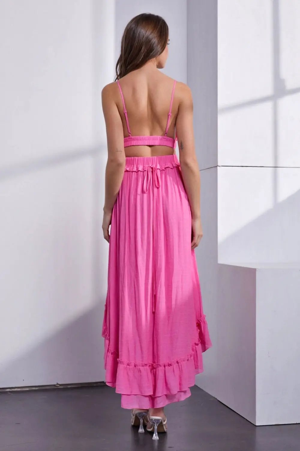 Mustard Seed Asymmetric Ruffle Open Back Cutout Cami Dress