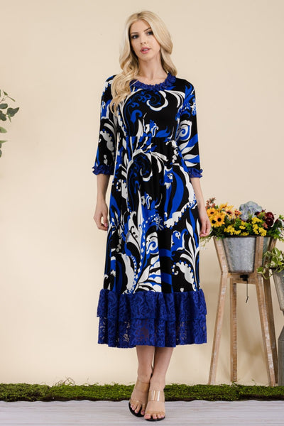 Celeste Full Size Paisley Print Lace Ruffled Midi Dress