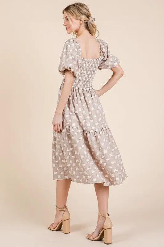GeeGee Floral Embroidered Smocked Puff Sleeve Tiered Midi Dress