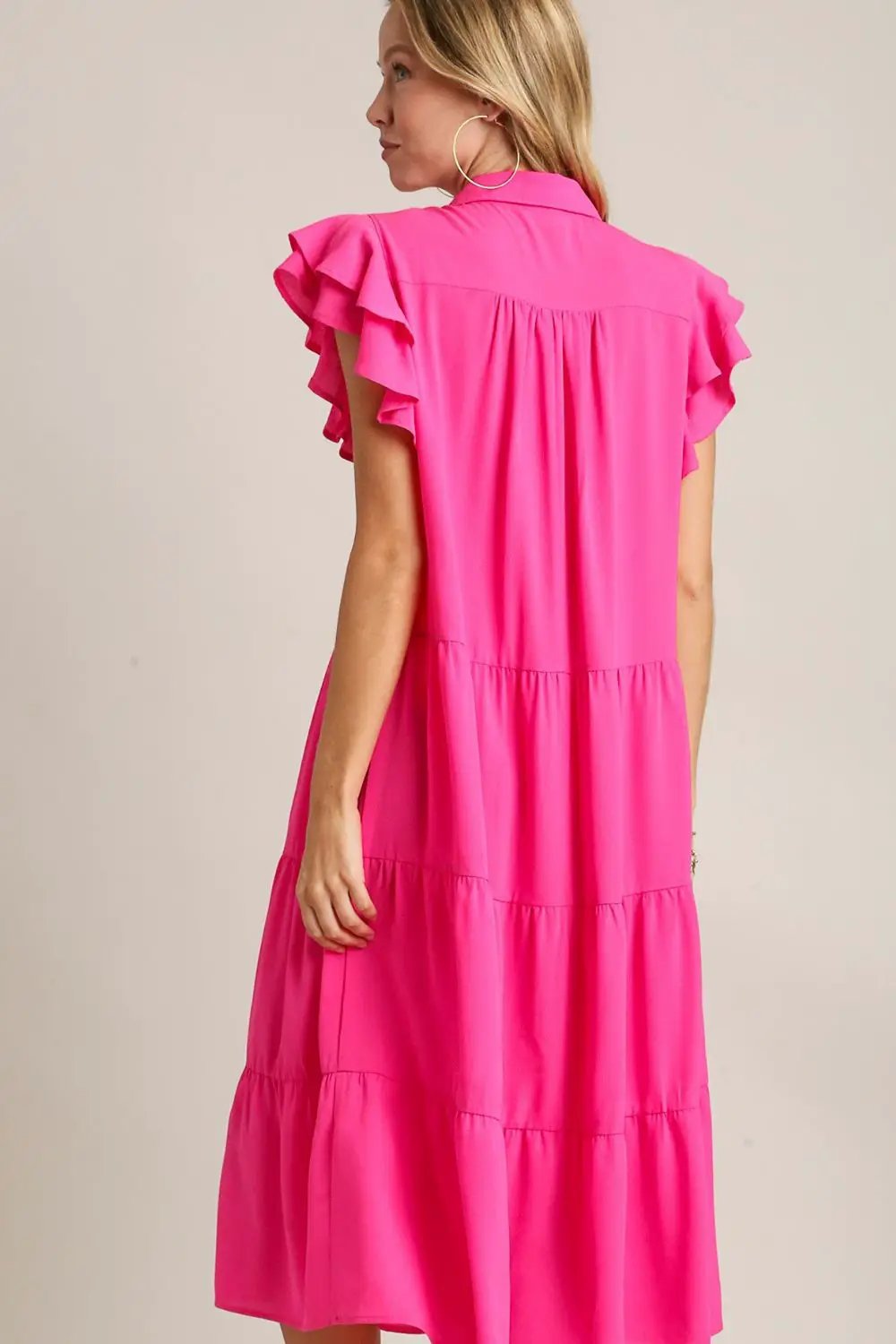 Umgee Full Size Johnny Collar Ruffle Cap Sleeve Tiered Dress Plus Size